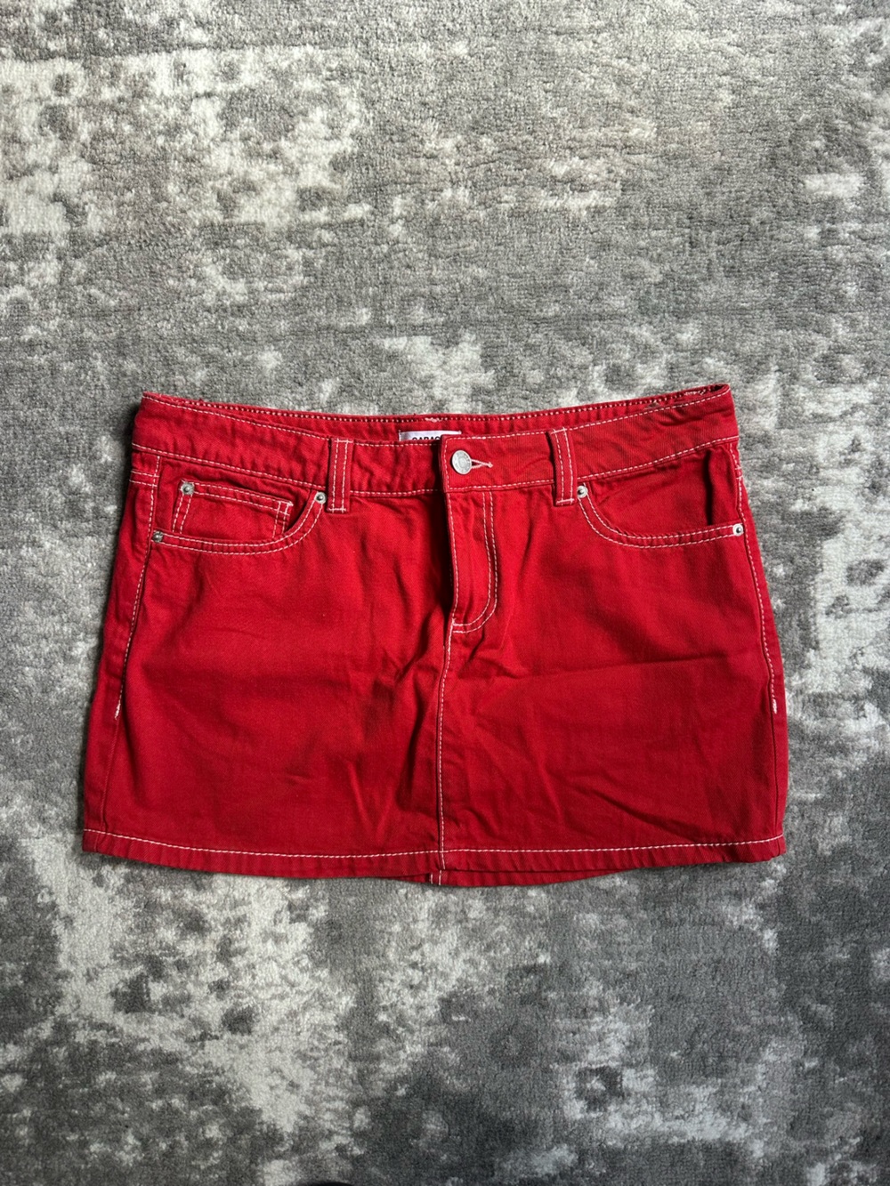 Garage Red Mini Skirt with White Contrast Stitching